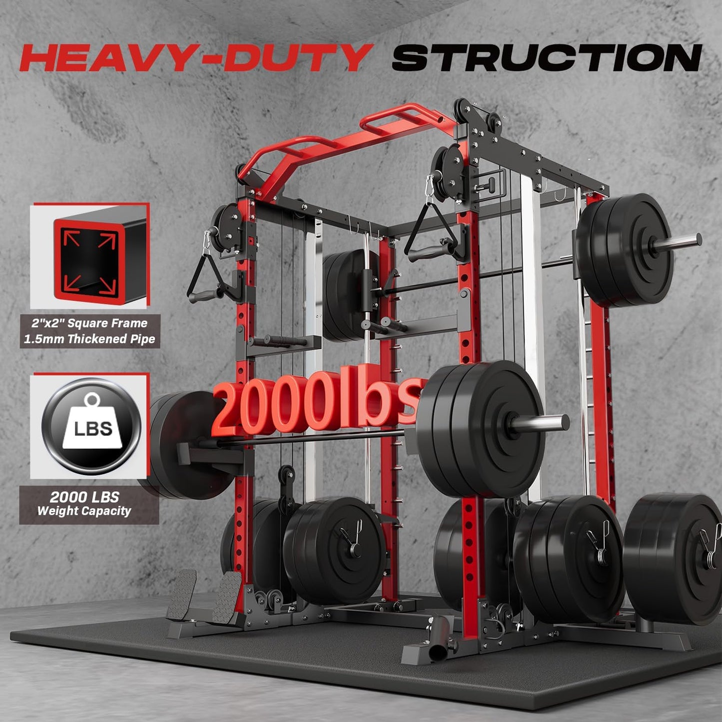 Smith Machine Home Gym, Multi-Function Power Cage with Dual Pulley Cable Crossover System, All-In-One Squat Rack with Smith Bar and Strength Training Attachments for Full-Body Workouts