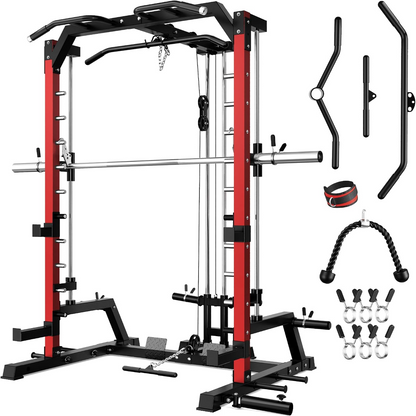 SR01 Smith Machine, 2000LBS Multi-Function Power Cage with LAT Pulldown System, All-In-One Home Gym Squat Rack with Smith Bar and Training Attachments for Full Body Workouts