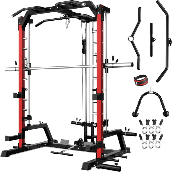 SR01 Smith Machine, 2000LBS Multi-Function Power Cage with LAT Pulldown System, All-In-One Home Gym Squat Rack with Smith Bar and Training Attachments for Full Body Workouts
