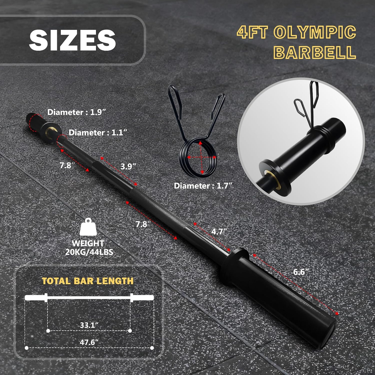 4Ft Olympic Barbell - 2-Inch Strength Training Bar for Squats, Deadlifts, Bench Press & Home Gym, 500Lbs Capacity, Includes Silent Collars