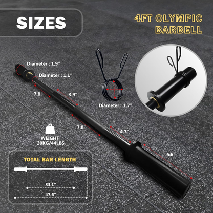 4Ft Olympic Barbell - 2-Inch Strength Training Bar for Squats, Deadlifts, Bench Press & Home Gym, 500Lbs Capacity, Includes Silent Collars