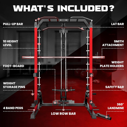 SR01 Smith Machine, 2000LBS Multi-Function Power Cage with LAT Pulldown System, All-In-One Home Gym Squat Rack with Smith Bar and Training Attachments for Full Body Workouts