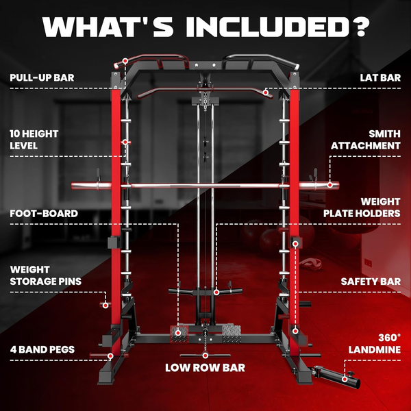 SR01 Smith Machine, 2000LBS Multi-Function Power Cage with LAT Pulldown System, All-In-One Home Gym Squat Rack with Smith Bar and Training Attachments for Full Body Workouts