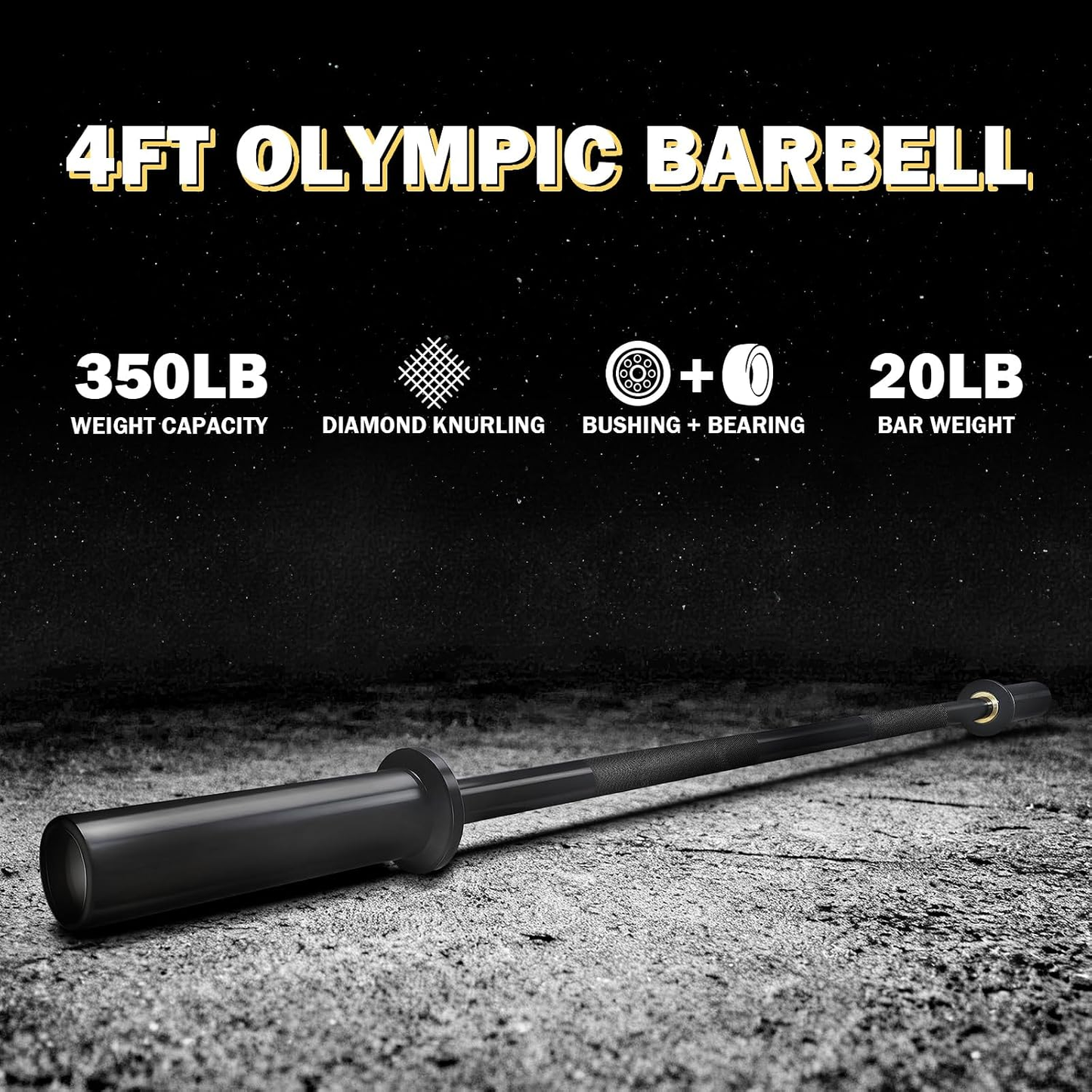 4Ft Olympic Barbell - 2-Inch Strength Training Bar for Squats, Deadlifts, Bench Press & Home Gym, 500Lbs Capacity, Includes Silent Collars