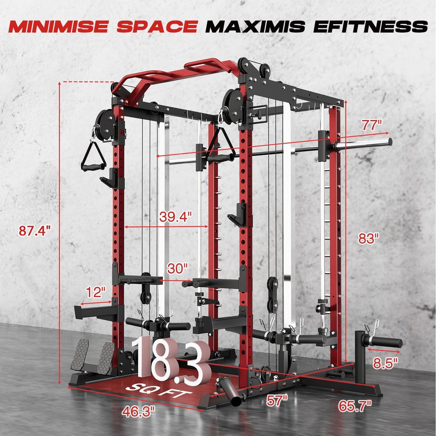 Smith Machine Home Gym, Multi-Function Power Cage with Dual Pulley Cable Crossover System, All-In-One Squat Rack with Smith Bar and Strength Training Attachments for Full-Body Workouts