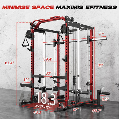 Smith Machine Home Gym, Multi-Function Power Cage with Dual Pulley Cable Crossover System, All-In-One Squat Rack with Smith Bar and Strength Training Attachments for Full-Body Workouts