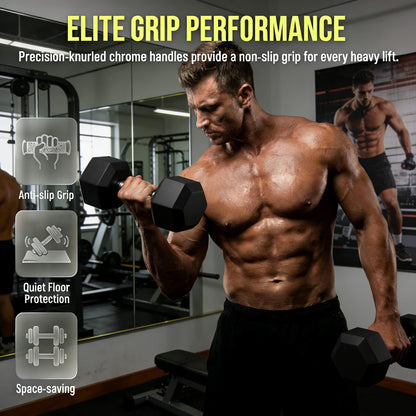 450-Pounds Rubber Hex Dumbbell Set With Rack (SAK90714)