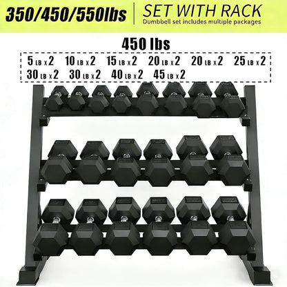 450-Pounds Rubber Hex Dumbbell Set With Rack (SAK90714)