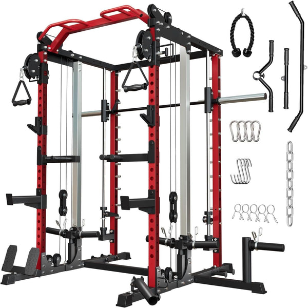 Smith Machine Home Gym, Multi-Function Power Cage with Dual Pulley Cable Crossover System, All-In-One Squat Rack with Smith Bar and Strength Training Attachments for Full-Body Workouts