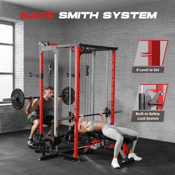 Smith Machine Home Gym, Multi-Function Power Cage with Dual Pulley Cable Crossover System, All-In-One Squat Rack with Smith Bar and Strength Training Attachments for Full-Body Workouts